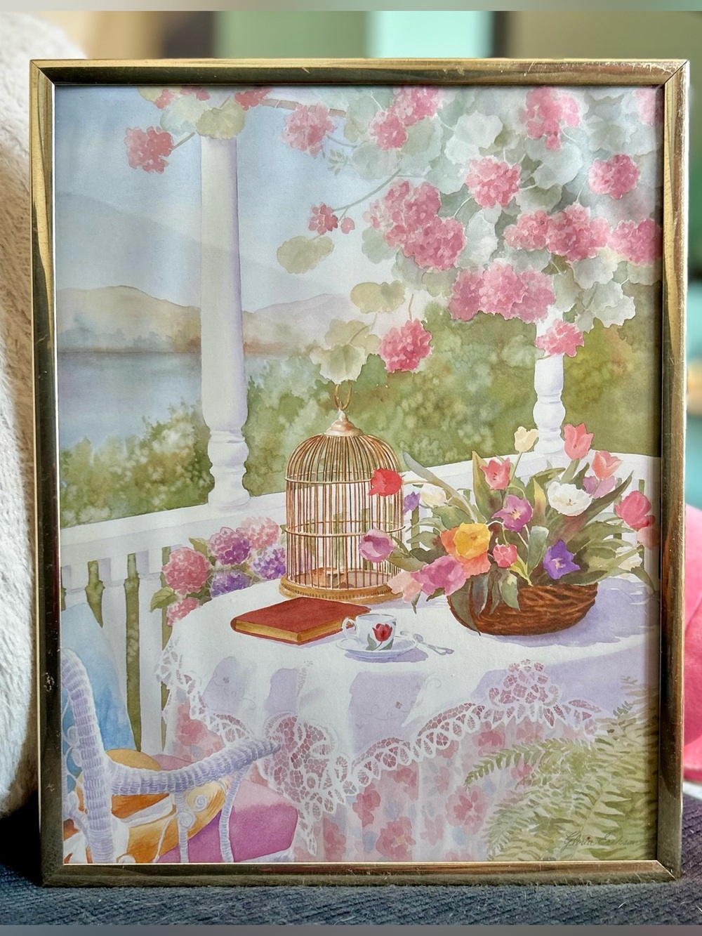 Pastel Floral Watercolor Print Gold Frame Cottagecore Bird Cage Tea On Porch